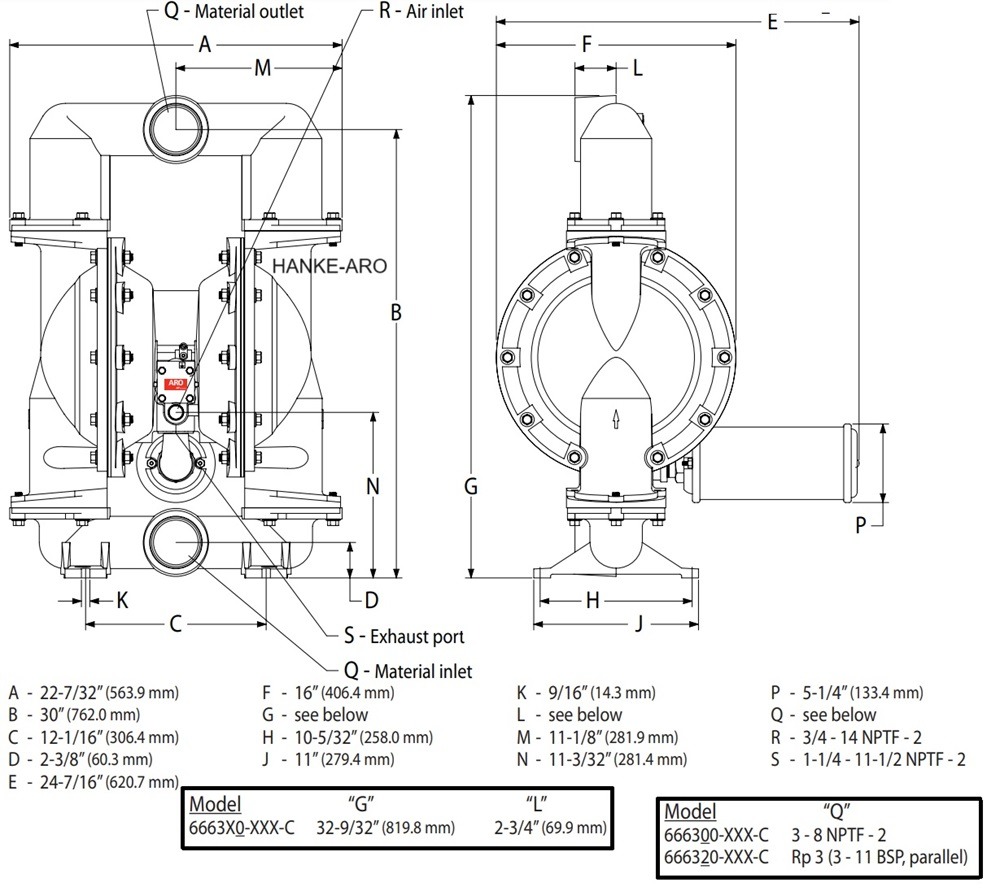 Kích Thước Bơm Màng Khí Nén ARO 666320-EEB-C – Hanke