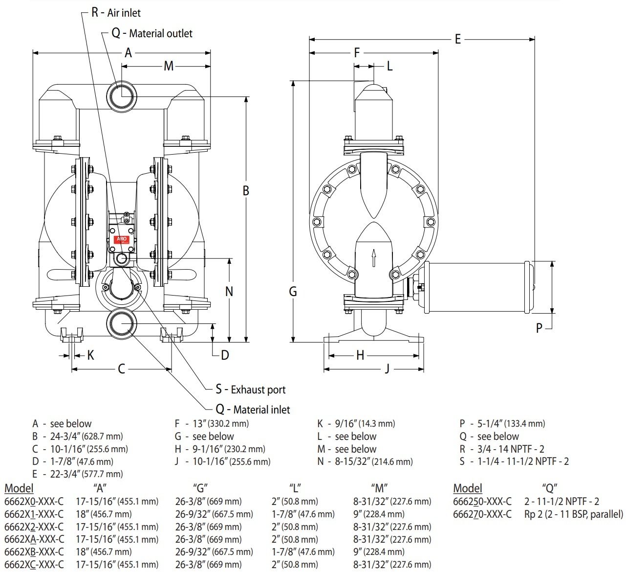 K&iacute;ch thước bơm m&agrave;ng kh&iacute; n&eacute;n ARO 666270-EEB-C