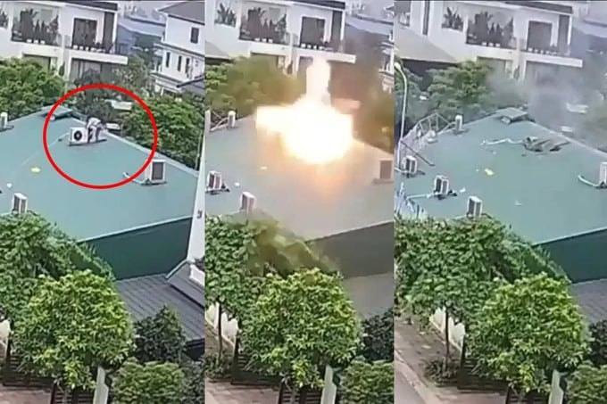 Camera nh&agrave; d&acirc;n ghi lại to&agrave;n cảnh 1 vụ nổ cục n&oacute;ng điều h&ograve;a trong qu&aacute; tr&igrave;nh thợ bảo dưỡng. Ảnh: Tuổi Trẻ